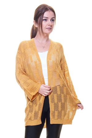 Kadın İnce Hardal Sarı Ajurlu Mevsimlik Triko Hırka 5D-6046