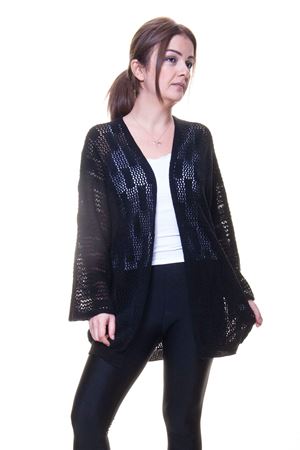 Kadın İnce Siyah Ajurlu Mevsimlik Triko Hırka 5D-6049