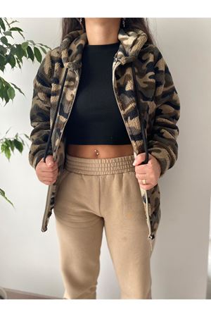 Kadın Kamuflaj Desen Kışlık Kapüşonlu Fermuarlı Peluş Üst 2E-6050