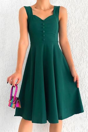 Kadın Yeşil Askılı Krep Kumaş Düğmeli Midi Kloş Elbise 14C-2102