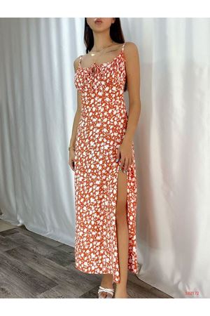 Kadın Askılı Bilek Boy Turuncu Yırtmaçlı Yazlık Dokuma Elbise 13C-2106