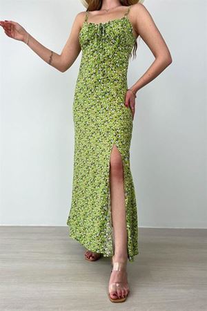 Kadın Askılı Bilek Boy Yeşil Yırtmaçlı Yazlık Dokuma Elbise 12C-2108