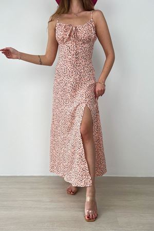 Kadın Askılı Bilek Boy Pudra Pembe Yırtmaçlı Yazlık Dokuma Elbise 12C-2109