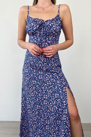 Kadın Askılı Bilek Boy Lacivert Yırtmaçlı Yazlık Dokuma Elbise 6C-2113