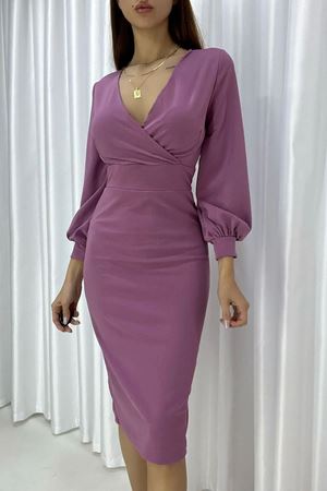 Kadın Lila Kruvaze Yaka Kol Manşetli Midi Elbise 6D-2116