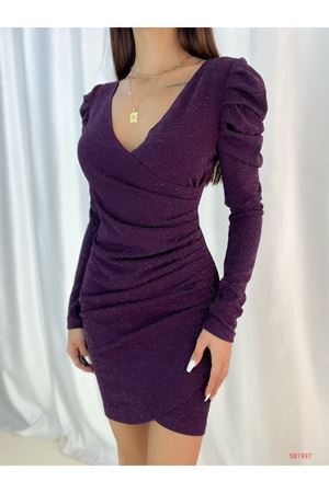 Kadın Mor Simli Prenses Uzun Kollu Kruvaze Yaka Krep Kumaş Abiye Elbise 6D-2117