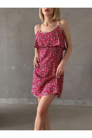 Kadın Kırmızı Askılı Kısa Pelerin Model Yazlık Dokuma Elbise 5C-2134