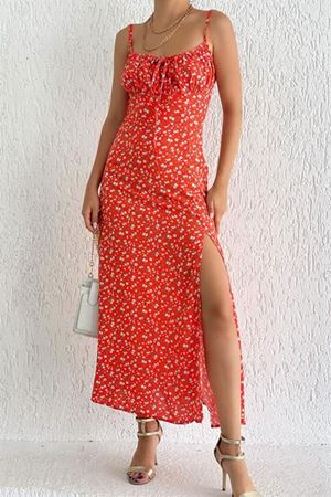 Kadın Askılı Bilek Boy Turuncu Yırtmaçlı Yazlık Dokuma Elbise 6C-2135