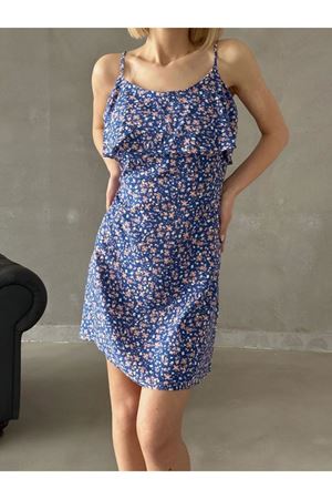 Kadın Lacivert Askılı Kısa Pelerin Model Yazlık Dokuma Elbise 5C-2133