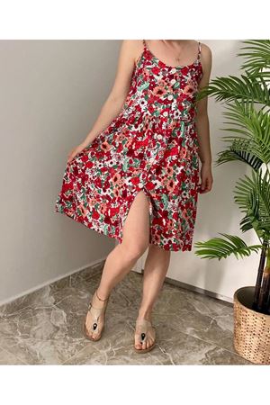 Kadın Renkli Askılı Midi Boy Düğmeli Yazlık Dokuma Elbise 2K-2144