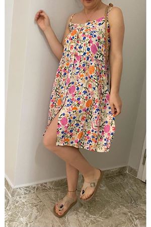 Kadın Renkli Askılı Midi Boy Düğmeli Yazlık Dokuma Elbise 2K-2146