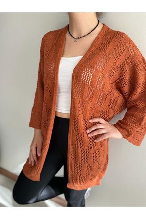 Kadın İnce Kiremit Rengi Ajurlu Mevsimlik Triko Hırka 12K-2149