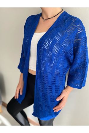 Kadın İnce Saks Mavi Ajurlu Mevsimlik Triko Hırka 12K-2151