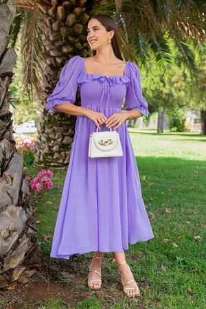 Kadın Lila Gipeli Midi Boy Şifon Elbise 11E-2156