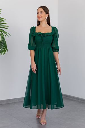 Kadın Zümrüt Yeşil Gipeli Midi Boy Şifon Elbise 11E-2157