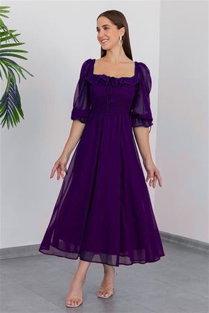 Kadın Mor Renk Gipeli Midi Boy Şifon Elbise 11E-2161