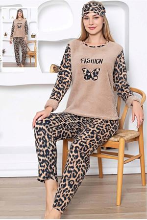 Kadın Yeni Leopar Desenli Welsoft Desenli Kışlık Polar Pijama Takım 1D-0266