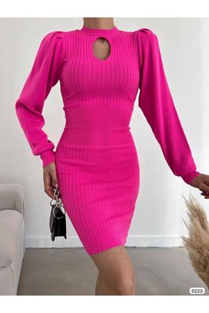 Fuşya Pembe Damla Yaka Triko Kumaş Standart Beden Uzun Kol Elbise 1E-2193