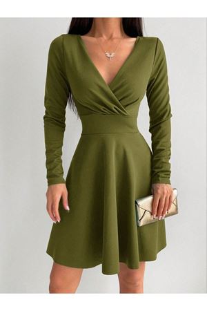 Kadın Yeşil Kruvaze Yaka Krep Kumaş Uzun Kol Kloş Elbise 4F-2198