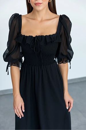 Kadın Siyah Gipeli Midi Boy Şifon Elbise 11E-2158