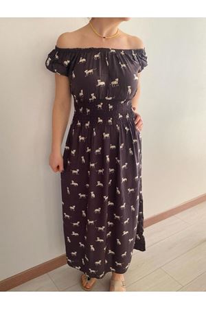 Kadın Madonna Yaka Antrasit Uzun Gipeli Yazlık Elbise 12A-2212