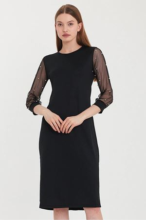 Kadın Düz Siyah Kolları Tül İncili Zarif  Midi Elbise 10D-1098