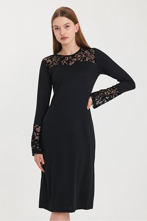 Kadın İspanyol Dantel Kol Siyah Midi Elbise 10C-1097
