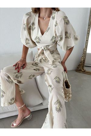 Kadın V Yaka Kuşaklı Crop Yüksek Bel Pantolon Nakışlı  Yazlık Crop Keten Alt -Üst Takım 5D-2222