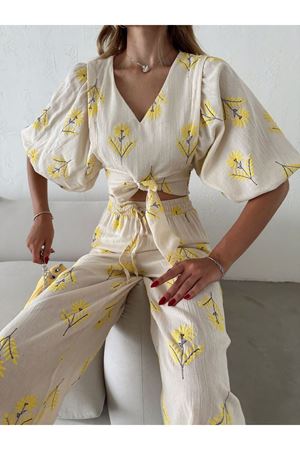 Kadın V Yaka Kuşaklı Crop Yüksek Bel Pantolon Nakışlı  Yazlık Crop Keten Alt -Üst Takım 5D-2224