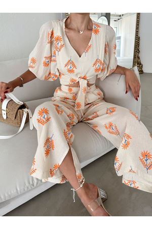 Kadın V Yaka Kuşaklı Crop Yüksek Bel Pantolon Nakışlı  Yazlık Crop Keten Alt -Üst Takım 10D-2226