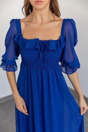 Kadın Saks Mavi Gipeli Midi Boy Şifon Elbise 11E-2160