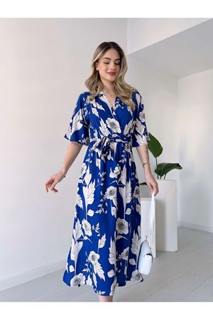 Kadın Yazlık Kruvaze Yaka Desenli Uzun Yırtmaçlı Elbise  13E-2229