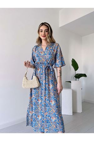 Kadın Yazlık Kruvaze Yaka Desenli Bilek Boy Yırtmaçlı Elbise  13E-2230