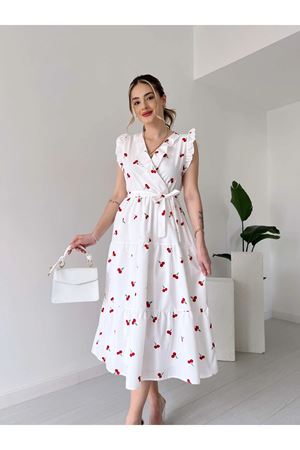 Kadın Yazlık Kruvaze Yaka Kiraz Desenli Fırfrılı Astarlı Uzun Elbise 12D-2234