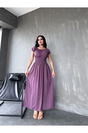 Kadın Madonna Yaka Mor Renk Gipeli Yazlık Uzun Elbise 12A-2235