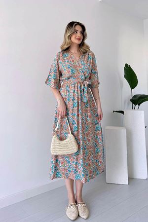 Kadın Yazlık Kruvaze Yaka Desenli Bilek Boy Yırtmaçlı Elbise  13E-2231