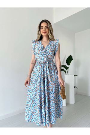 Kadın Yazlık Kruvaze Yaka Desenli Bilek Boy Mavi Elbise  13E-2240