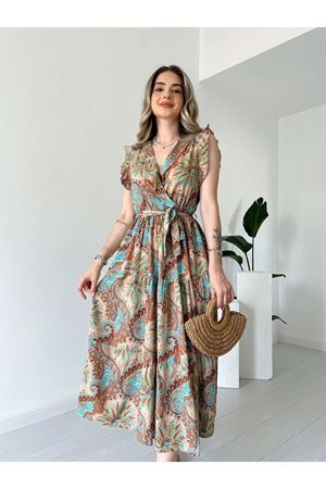 Kadın Yazlık Kruvaze Yaka Desenli Bilek Boy Fırfırlı Elbise  13E-2241