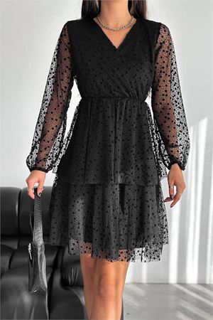 Kadın Kruvaze Yaka Tül Astarlı Mini Siyah Elbise 11D-2293