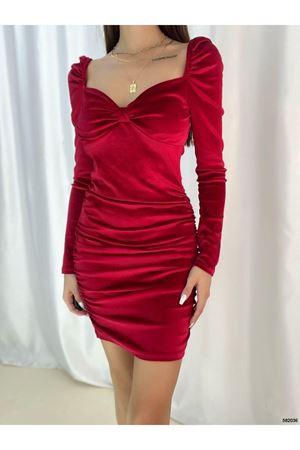 Kadın Kırmızı Kalp Yaka Kadife Uzun Kol Mini Elbise 12D-2304