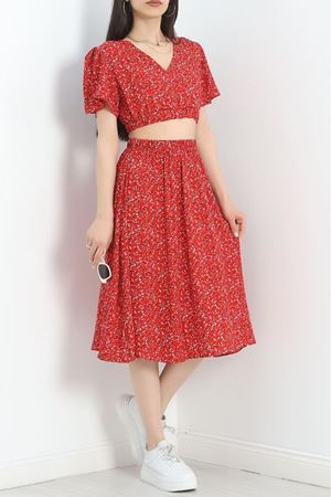 Kadın Yazlık V Yaka Crop İkili Etek Bluz Çiçek Desenli Takım 3C-2320