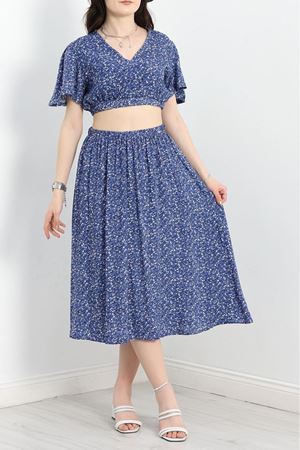 Kadın Yazlık V Yaka Crop İkili Etek Bluz Çiçek Desenli Takım 3C-2322