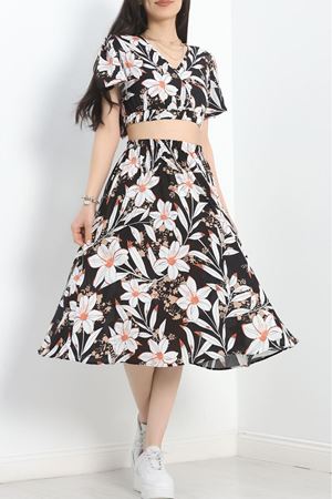 Kadın Yazlık V Yaka Crop İkili Etek Bluz Çiçek Desenli Takım 4C-2324