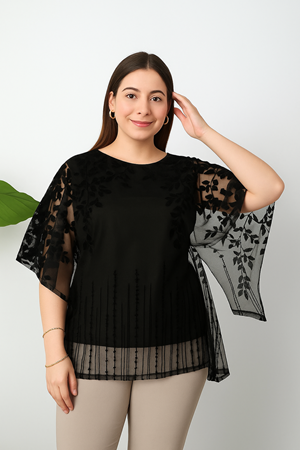 Kadın Siyah Büyük Beden Şifon Bluz M1-2327