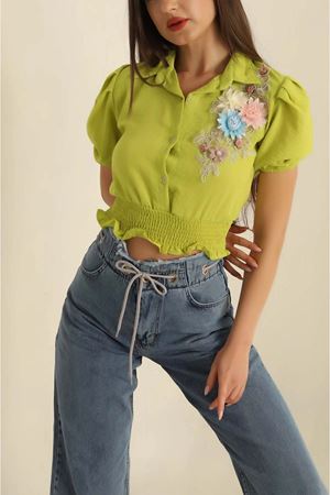 Kadın Yazlık Yeşil Çiçek Nakışlı Keten Gömlek Bluz 2D-2314