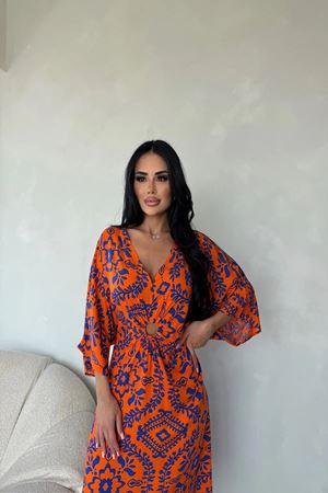 Kadın Yazlık V Yaka Halka Dekolteli Bilek Boy Dokuma Elbise 2E-2334