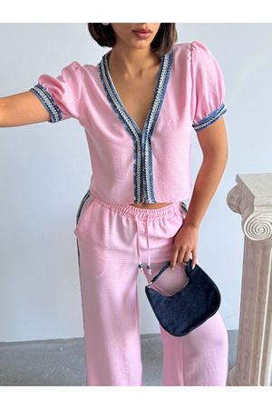 Kadın Yazlık Pembe Kot Detay İşlemeli Ceket Gömlek 11D-2338