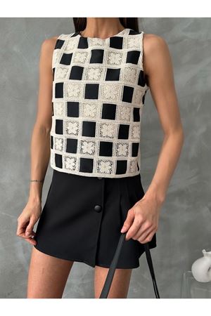 Kadın Yazlık Bisiklet Yaka Kroşata Motifli Güpür Bluz 3D-2342