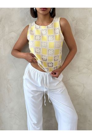 Kadın Yazlık Bisiklet Yaka Kroşata Motifli Güpür Bluz 3D-2343