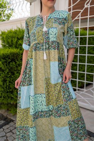 Kadın Yazlık V Yaka Etnik Desenli Uzun Elbise 10B-6955